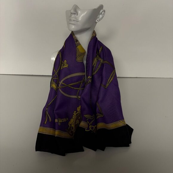 Purple Black Equestrian Square Scarf Gold Stirrups Horn Design Vintage - Picture 6 of 8
